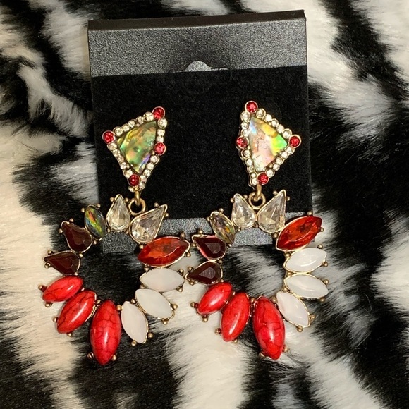 Earrings- med length posts with red/white/&crystal stones - Picture 1 of 10